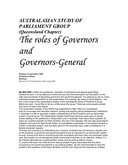AUSTRALASIAN STUDY of PARLIAMENT GROUP (Queensland Chapter) the Roles of Governors and Governors-General