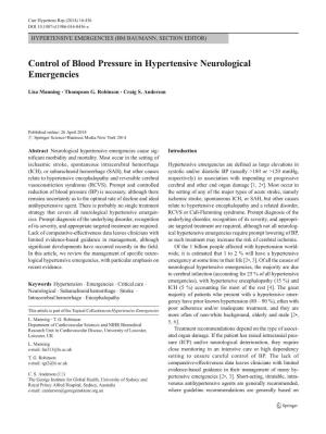 Control of Blood Pressure in Hypertensive Neurological Emergencies