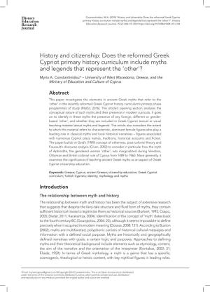 Does the Reformed Greek Cypriot Primary History Curriculum Include Myths and Legends That Represent the ‘Other’?’