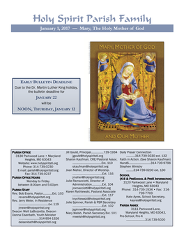 Holy Spirit Parish Family January 1, 2017 — Mary, the Holy Mother of God