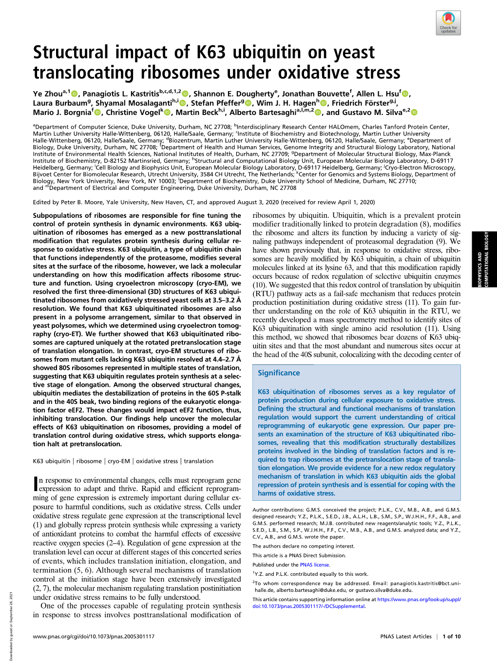 Structural Impact of K63 Ubiquitin on Yeast Translocating Ribosomes Under Oxidative Stress