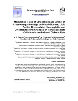 Modulating Roles of Ethanolic Roots Extract of Crossopteryx Febrifuga On