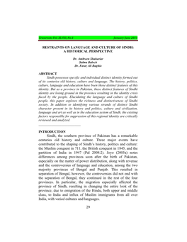 29 Sindh, the Southern Province of Pakistan Has a Remarkable Centuries Old History and Culture. Three Major Events Have Contribu