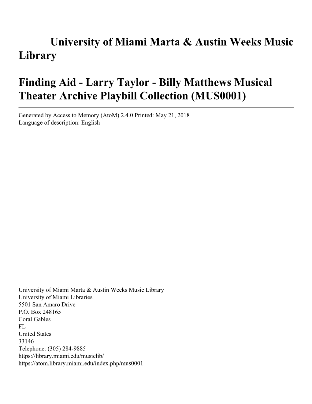 Larry Taylor - Billy Matthews Musical Theater Archive Playbill Collection (MUS0001)