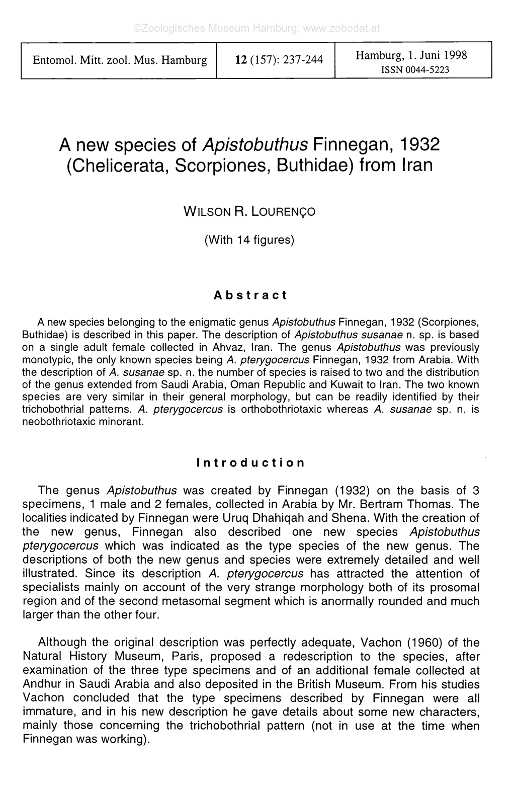 A New Species of Apistobuthus Finnegan, 1932 (Chelicerata, Scorpiones, Buthidae) from Iran