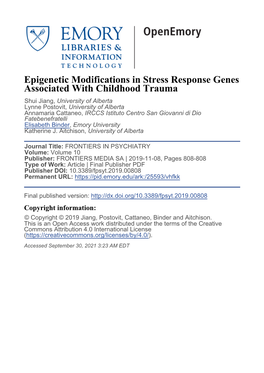 Epigenetic Modifications in Stress Response