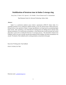 Stabilization of Betatron Tune in Indus-2 Storage Ring