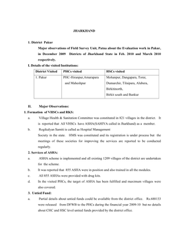 JHARKHAND 1. District Pakur Major Observations of Field Survey Unit, Patna About the Evaluation Work in Pakur, in December