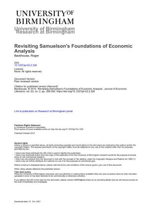 Revisiting Samuelson's Foundations of Economic Analysis Backhouse, Roger