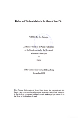 Timbre and Tintinnabulation in the Music of Arvo Part