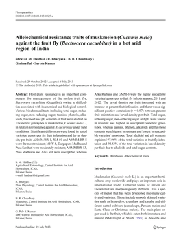 Allelochemical Resistance Traits of Muskmelon (Cucumis Melo) Against the Fruit Fly (Bactrocera Cucurbitae) in a Hot Arid Region of India