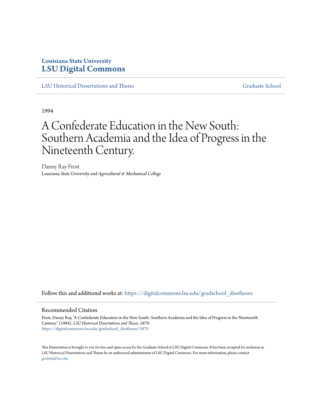 A Confederate Education in the New South: Southern Academia and the Idea of Progress in the Nineteenth Century