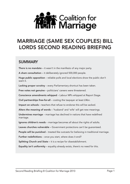 Marriage (Same Sex Couples) Bill Lords Second Reading Briefing