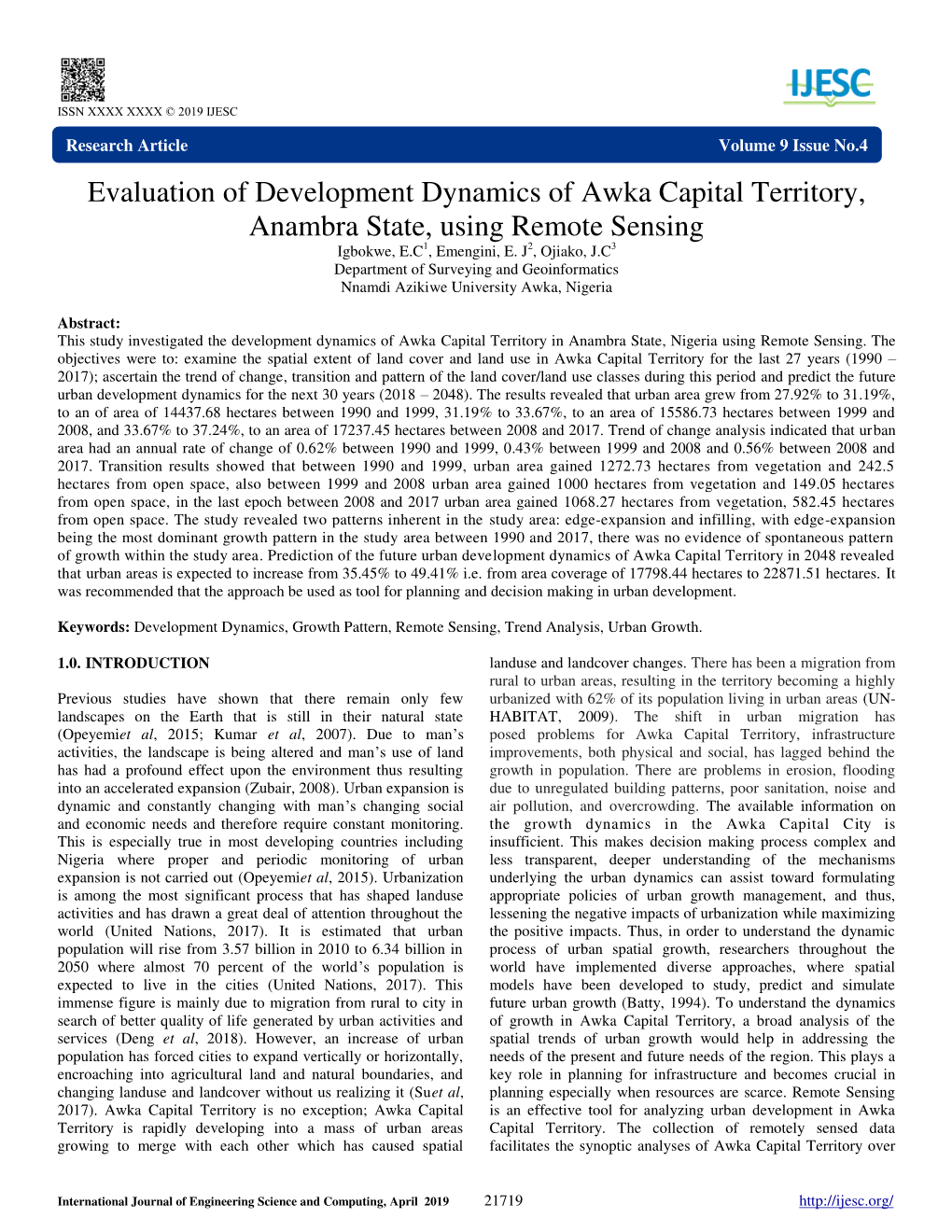 Evaluation of Development Dynamics of Awka Capital Territory, Anambra State, Using Remote Sensing Igbokwe, E.C1, Emengini, E