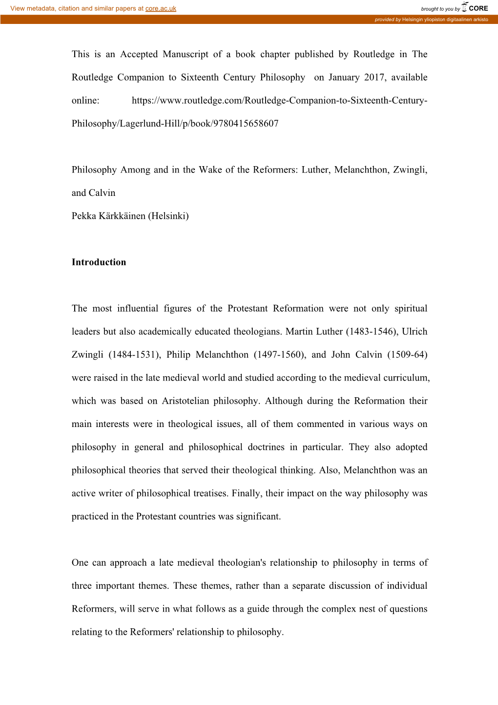 This Is an Accepted Manuscript of a Book Chapter Published by Routledge in the Routledge Companion to Sixteenth Century Philosop