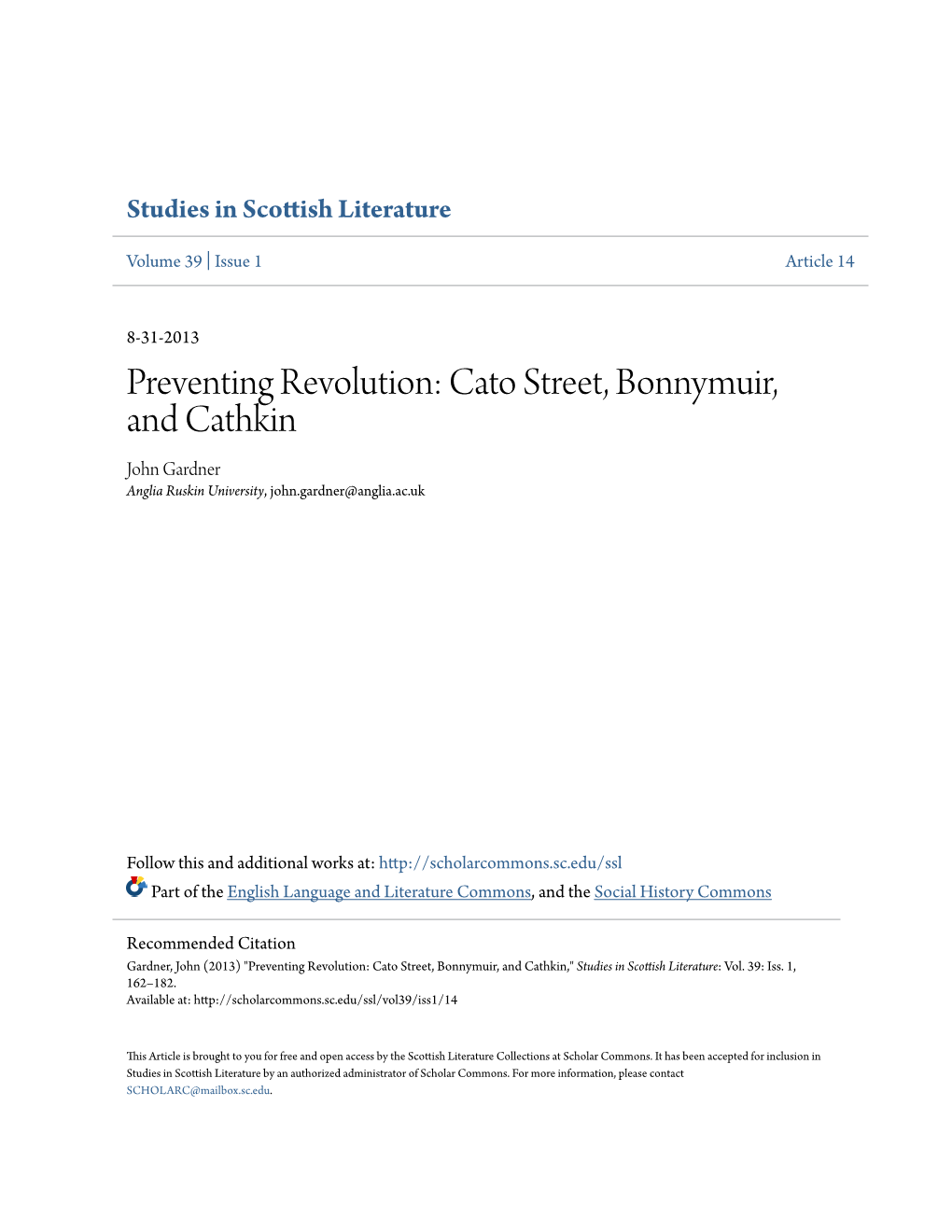 Preventing Revolution: Cato Street, Bonnymuir, and Cathkin John Gardner Anglia Ruskin University, John.Gardner@Anglia.Ac.Uk