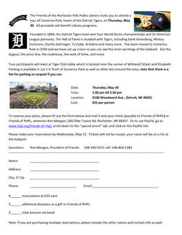 The Friends of the Rochester Hills Public Library Invite You to Attend a Tour of Comerica Park, Home of the Detroit Tigers, on Thursday, May 30