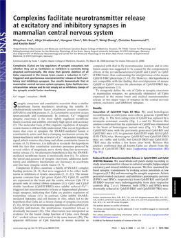 Complexins Facilitate Neurotransmitter Release at Excitatory and Inhibitory Synapses in Mammalian Central Nervous System