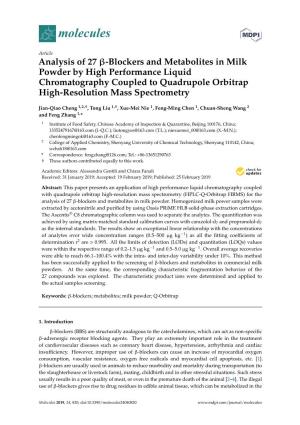 Analysis of 27 Β-Blockers and Metabolites in Milk Powder by High Performance Liquid Chromatography Coupled to Quadrupole Orbitrap High-Resolution Mass Spectrometry