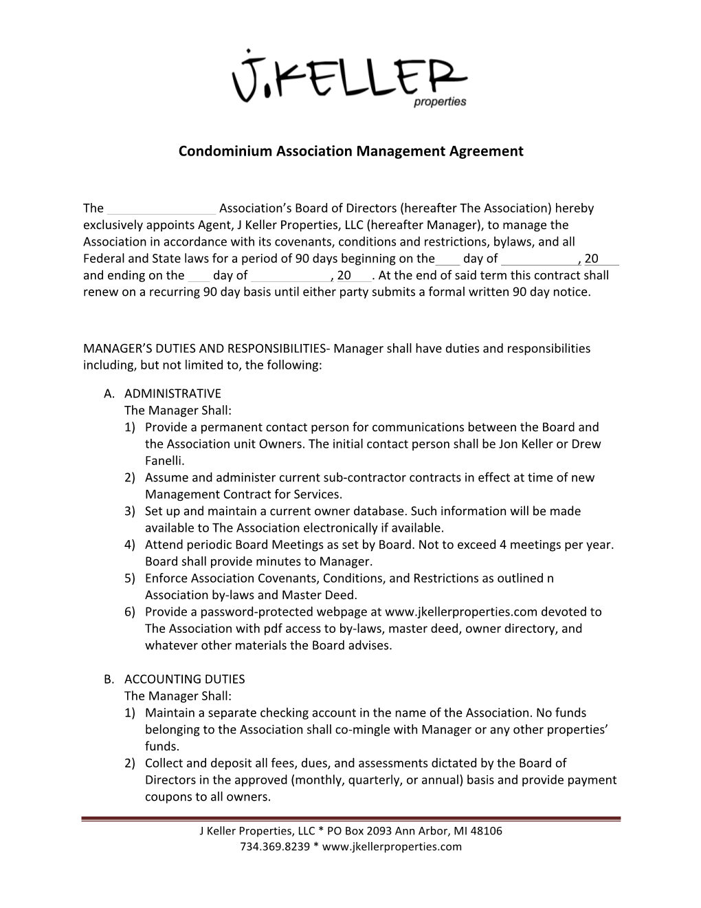 Condominium Association Management Agreement