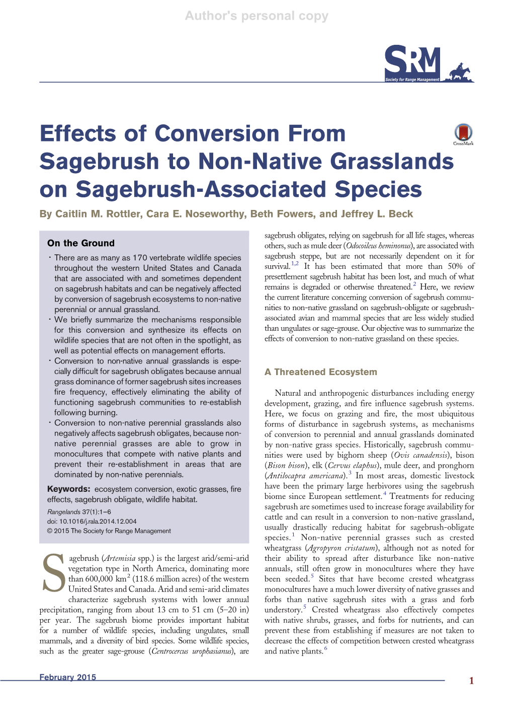 Effects of Conversion from Sagebrush to Non-Native Grasslands on Sagebrush-Associated Species by Caitlin M