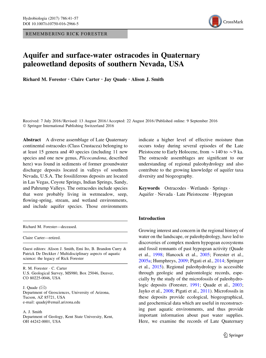 Aquifer and Surface-Water Ostracodes in Quaternary Paleowetland Deposits of Southern Nevada, USA