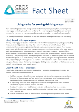 Using Tanks for Storing Drinking Water Fact Sheet