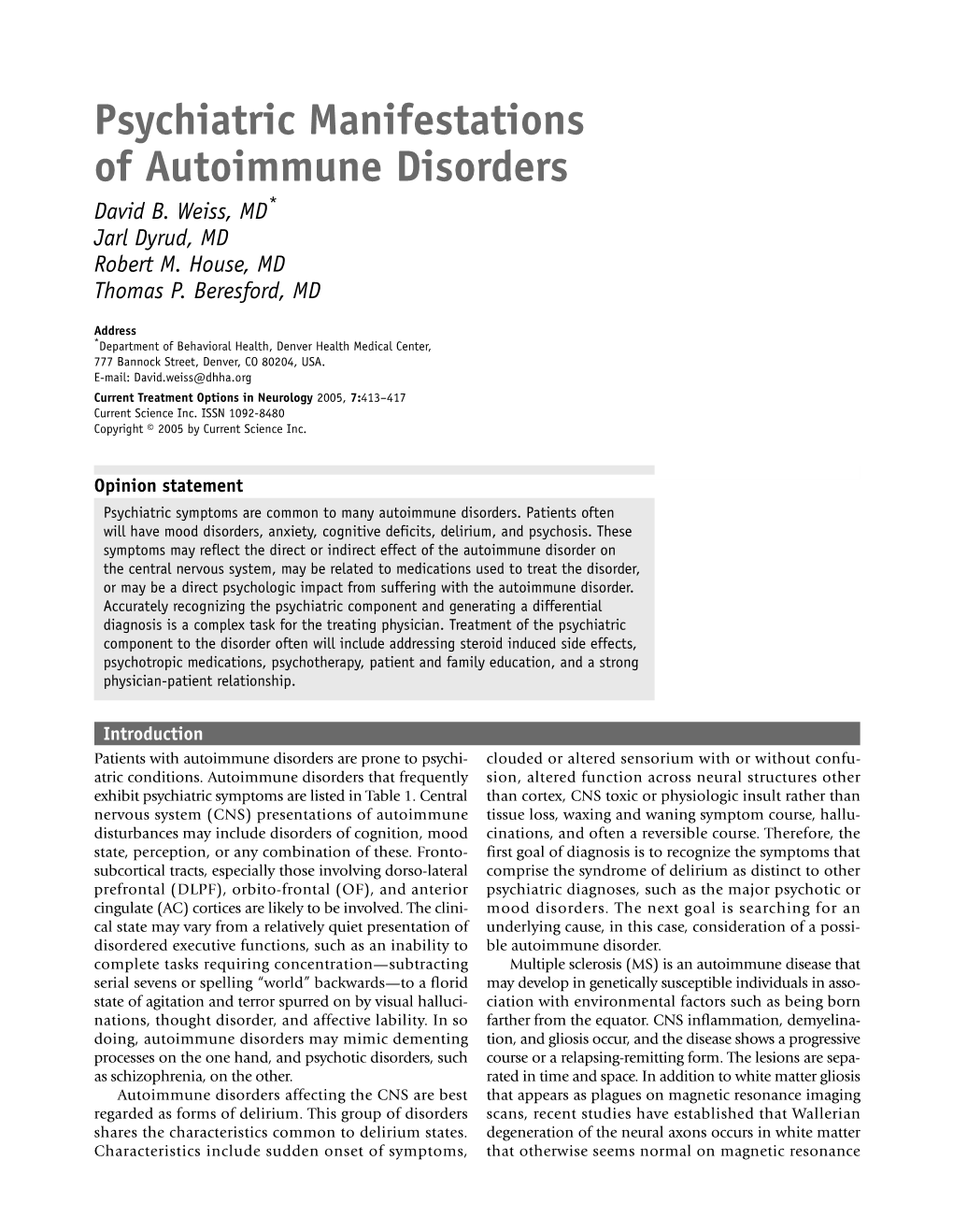 Psychiatric Manifestations of Autoimmune Disease