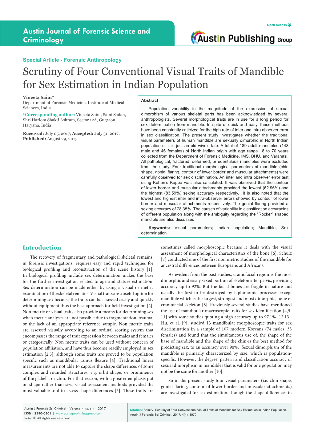 Scrutiny of Four Conventional Visual Traits of Mandible for Sex Estimation in Indian Population