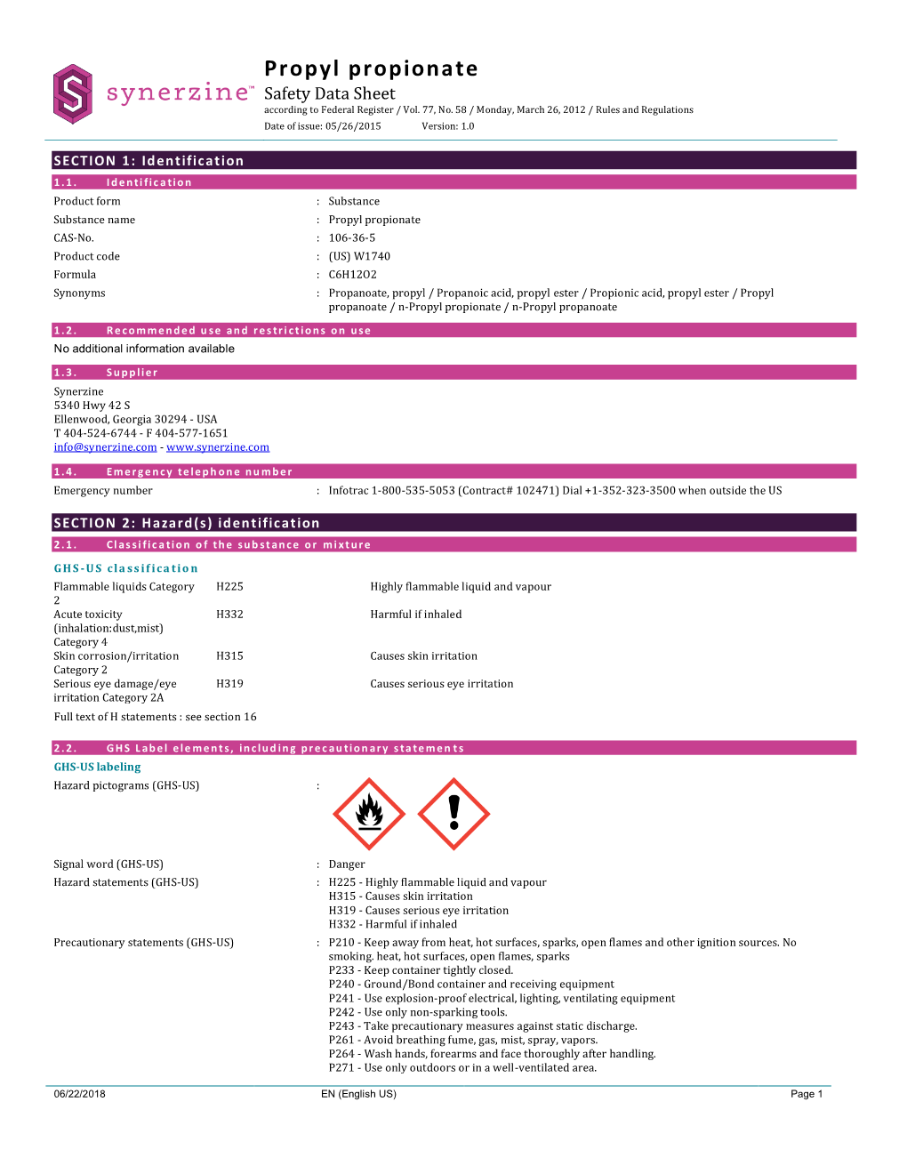 Propyl Propionate Safety Data Sheet According to Federal Register / Vol