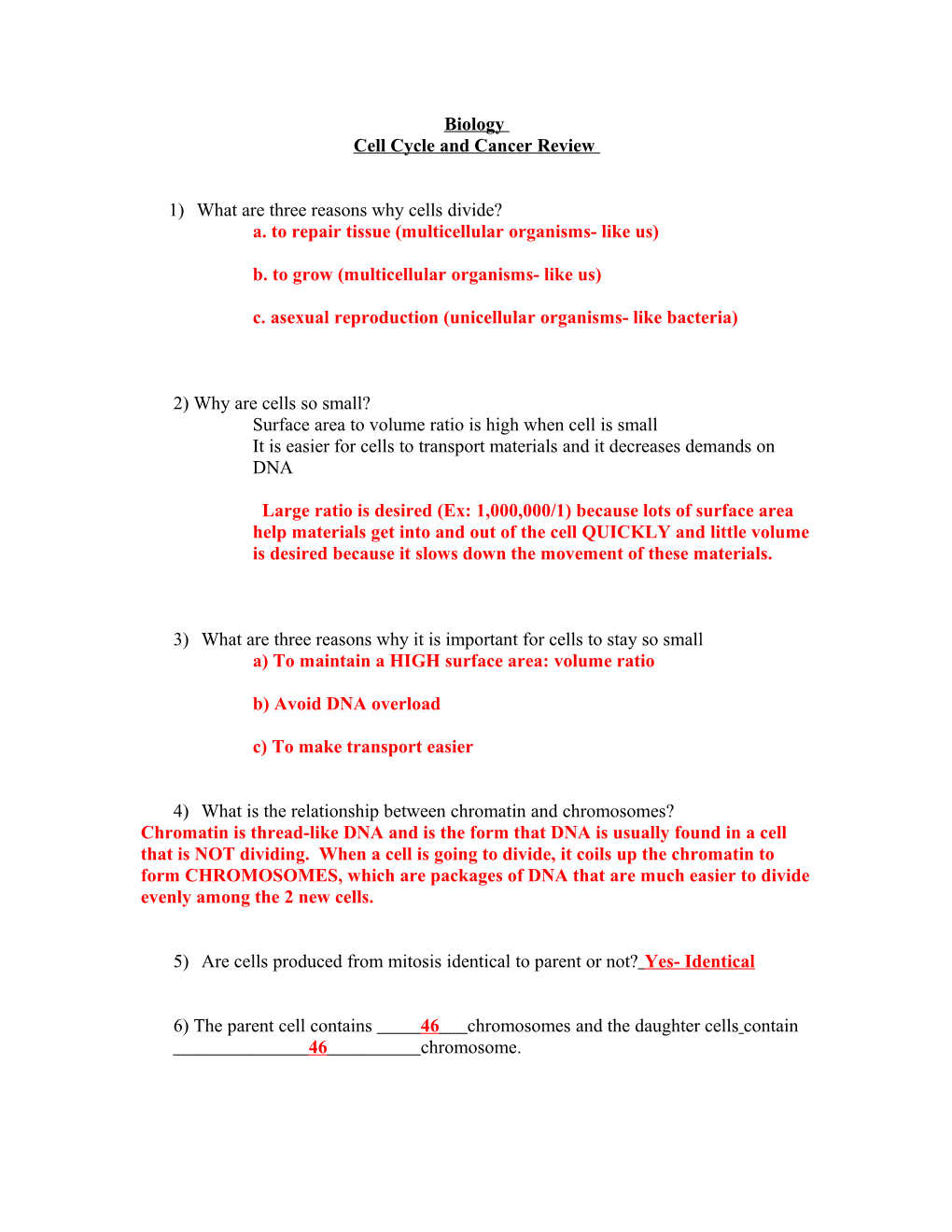 Mitosis and Cell Cycle Test Review Sheet