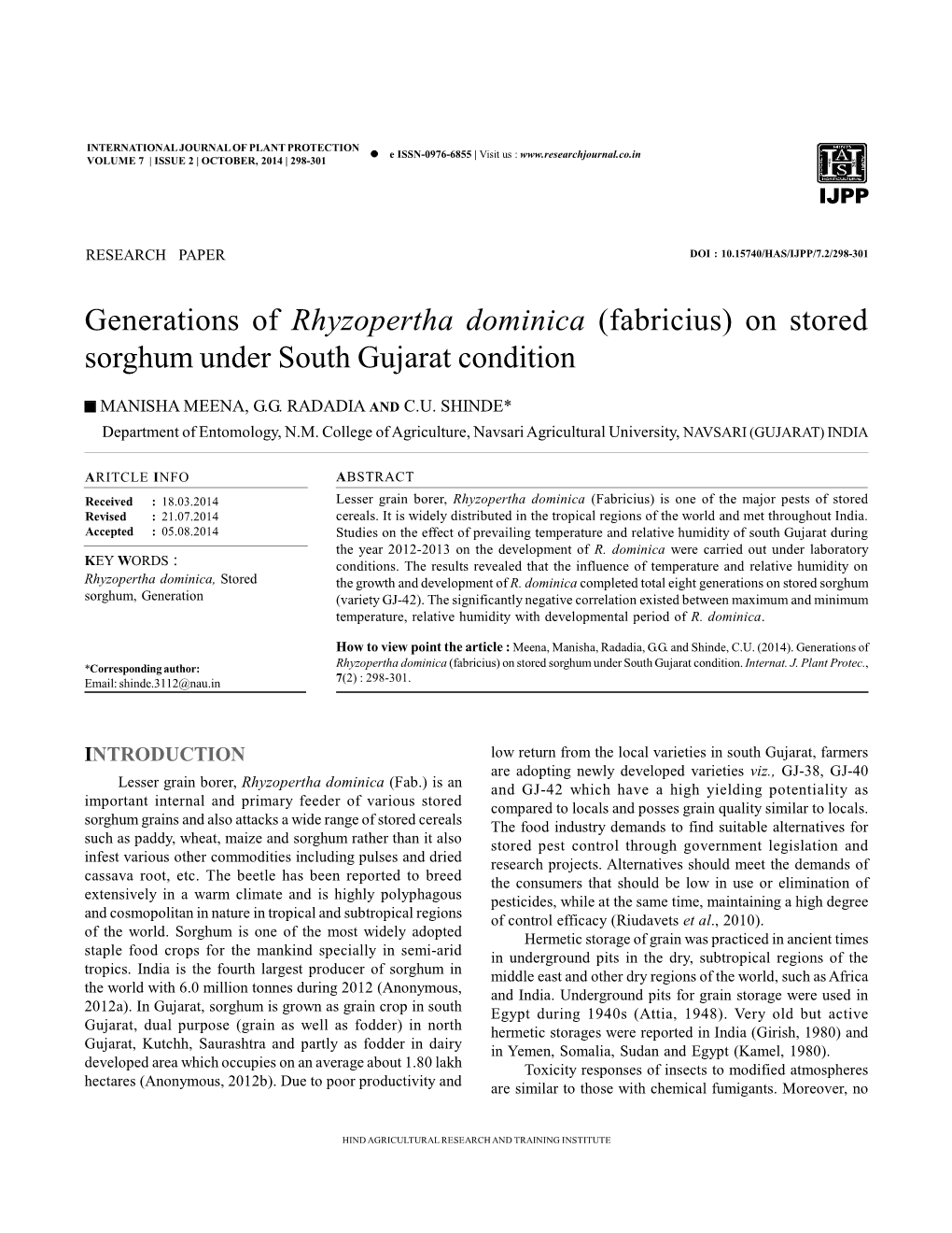 Generations of Rhyzopertha Dominica (Fabricius) on Stored Sorghum Under South Gujarat Condition