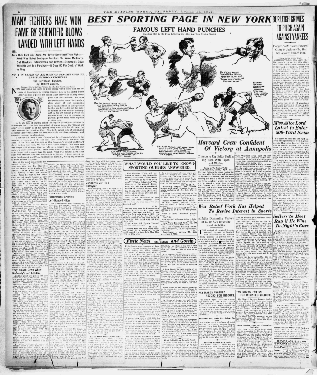 BEST SPORTING PAGE in NEW YORK BURLEIGH GRIMES 10 PITCH AGAIN BV SCIENTIFIC BLOWS FAMOUS LEFT HAND PUNCHES FAME Copyright, 1919, by the Tress Publishing Co