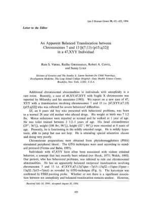 An Apparent Balanced Translocation Between Chromosomes 7 and 13 [T(7;13) (P15 ;Q32)] in a 47,XYY Individual