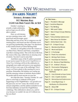 NW WORDSMITHS SEPTEMBER 2014 Awards Night! Tuesday, October 14Th in This Issue