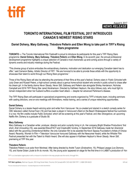 News Release. Toronto International Film Festival