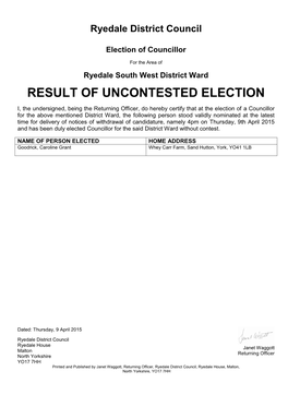 Result of Uncontested Election