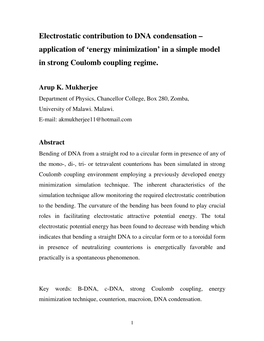 Electrostatic Contribution to DNA Condensation – Application of ‘Energy Minimization’ in a Simple Model in Strong Coulomb Coupling Regime