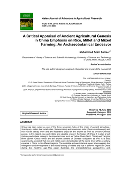 A Critical Appraisal of Ancient Agricultural Genesis in China Emphasis on Rice, Millet and Mixed Farming: an Archaeobotanical Endeavor