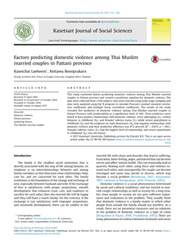 Factors Predicting Domestic Violence Among Thai Muslim Married Couples in Pattani Province