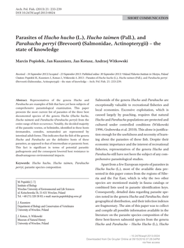 Parasites of Hucho Hucho (L.), Hucho Taimen (Pall.), and Parahucho Perryi (Brevoort) (Salmonidae, Actinopterygii) – the State of Knowledge