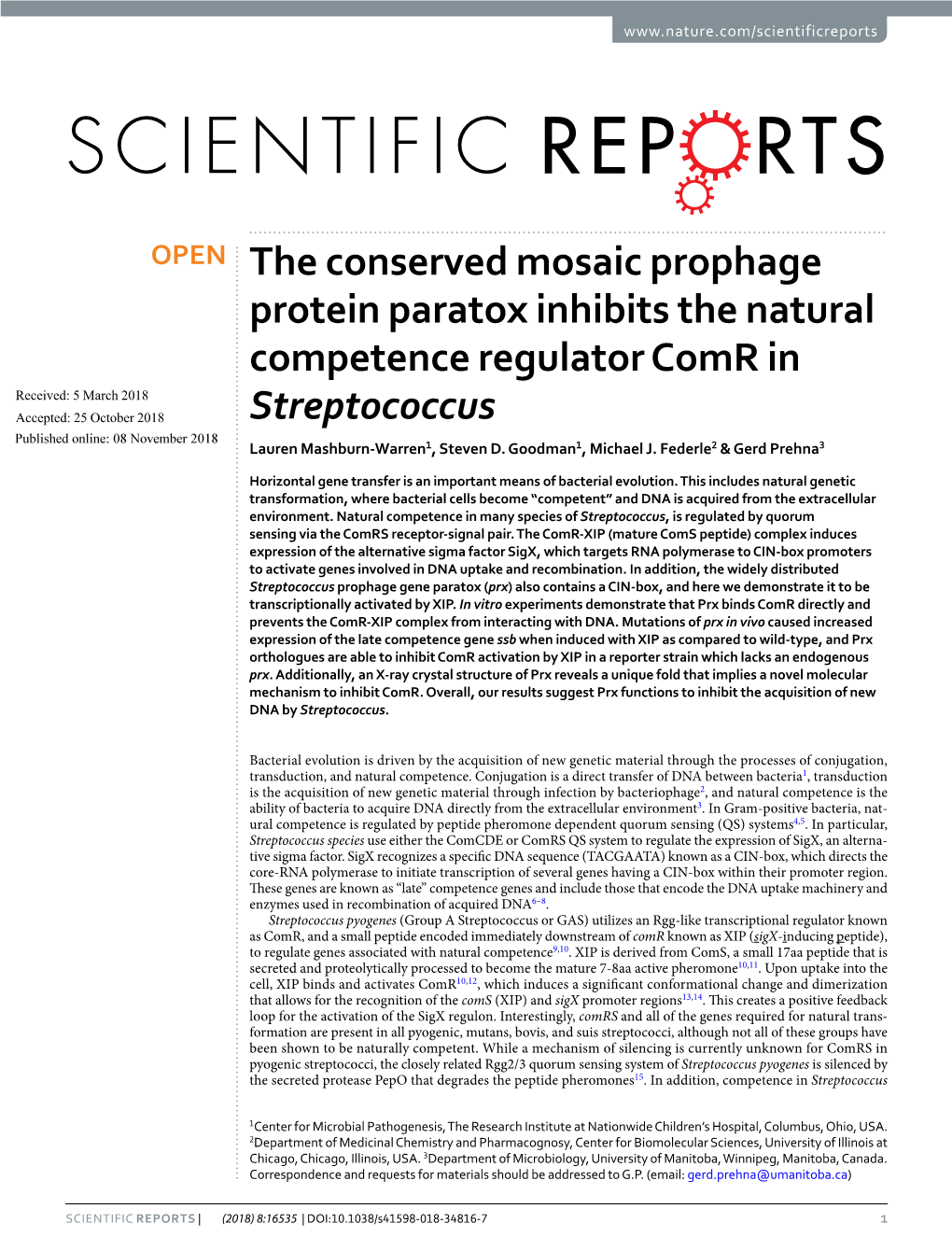 The Conserved Mosaic Prophage Protein Paratox Inhibits the Natural