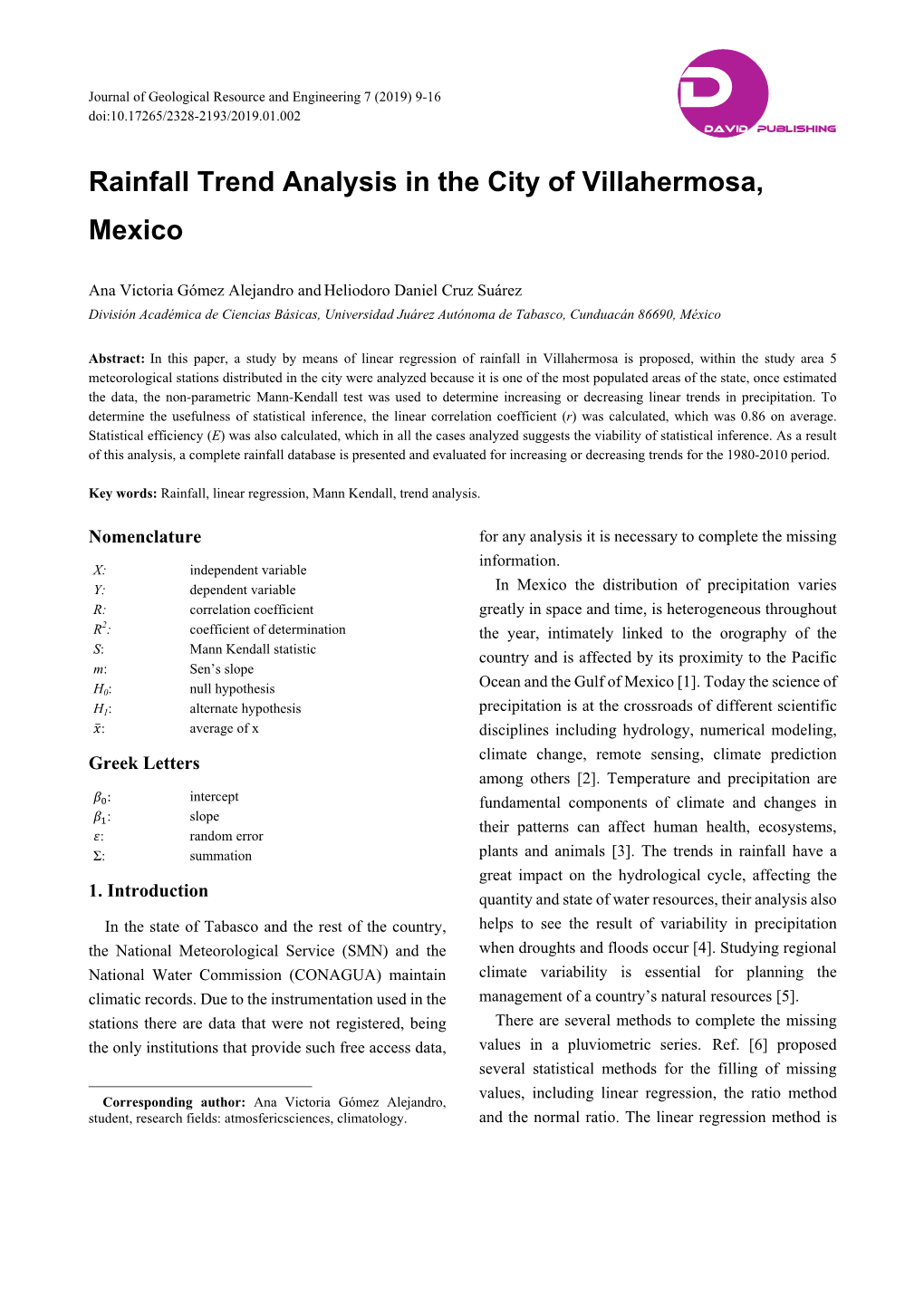 Rainfall Trend Analysis in the City of Villahermosa, Mexico