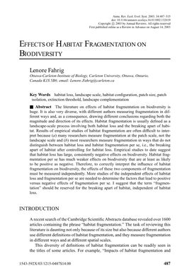 Effects of Habitat Fragmentation on Biodiversity