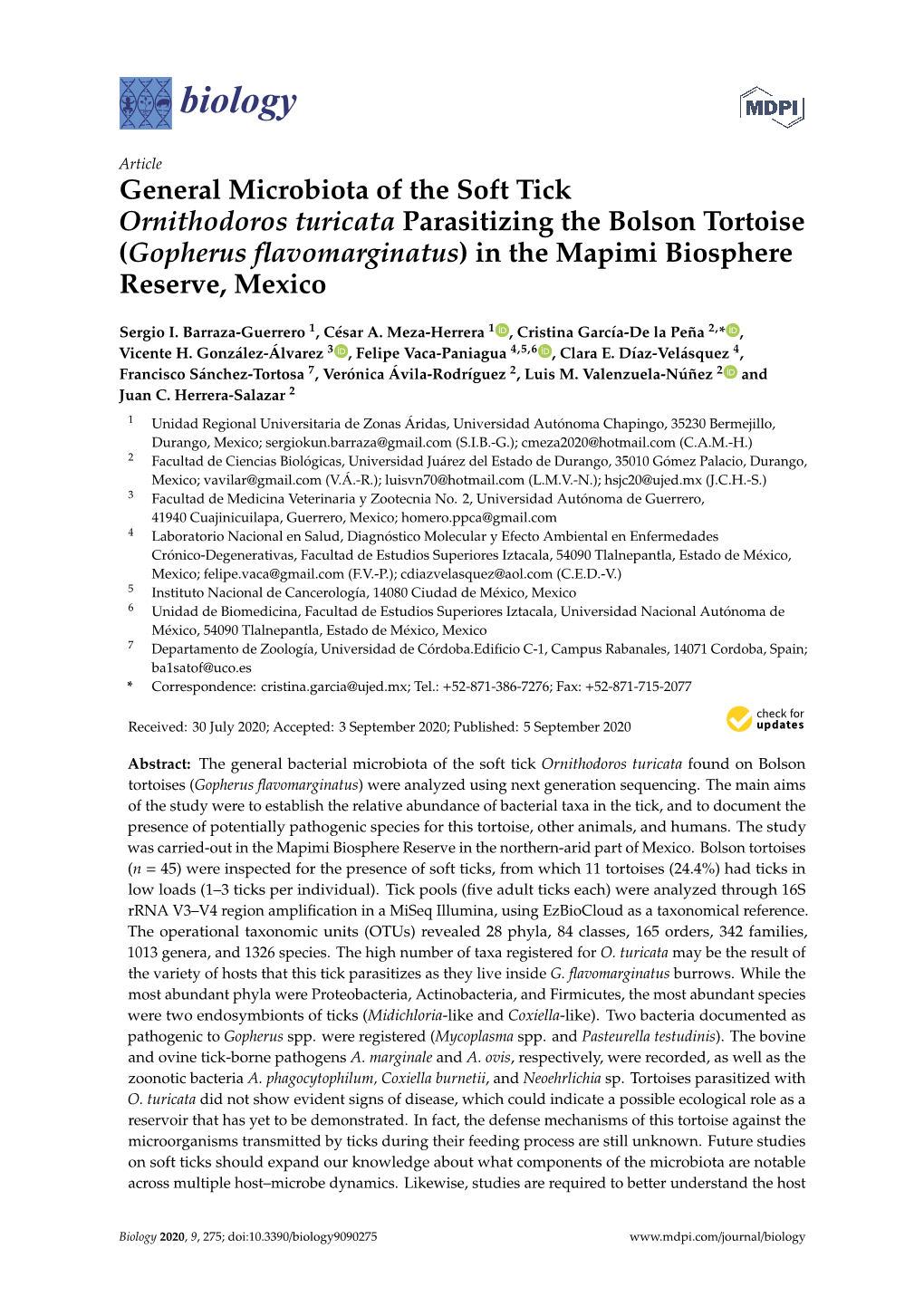 General Microbiota of the Soft Tick Ornithodoros Turicata Parasitizing the Bolson Tortoise (Gopherus ﬂavomarginatus) in the Mapimi Biosphere Reserve, Mexico