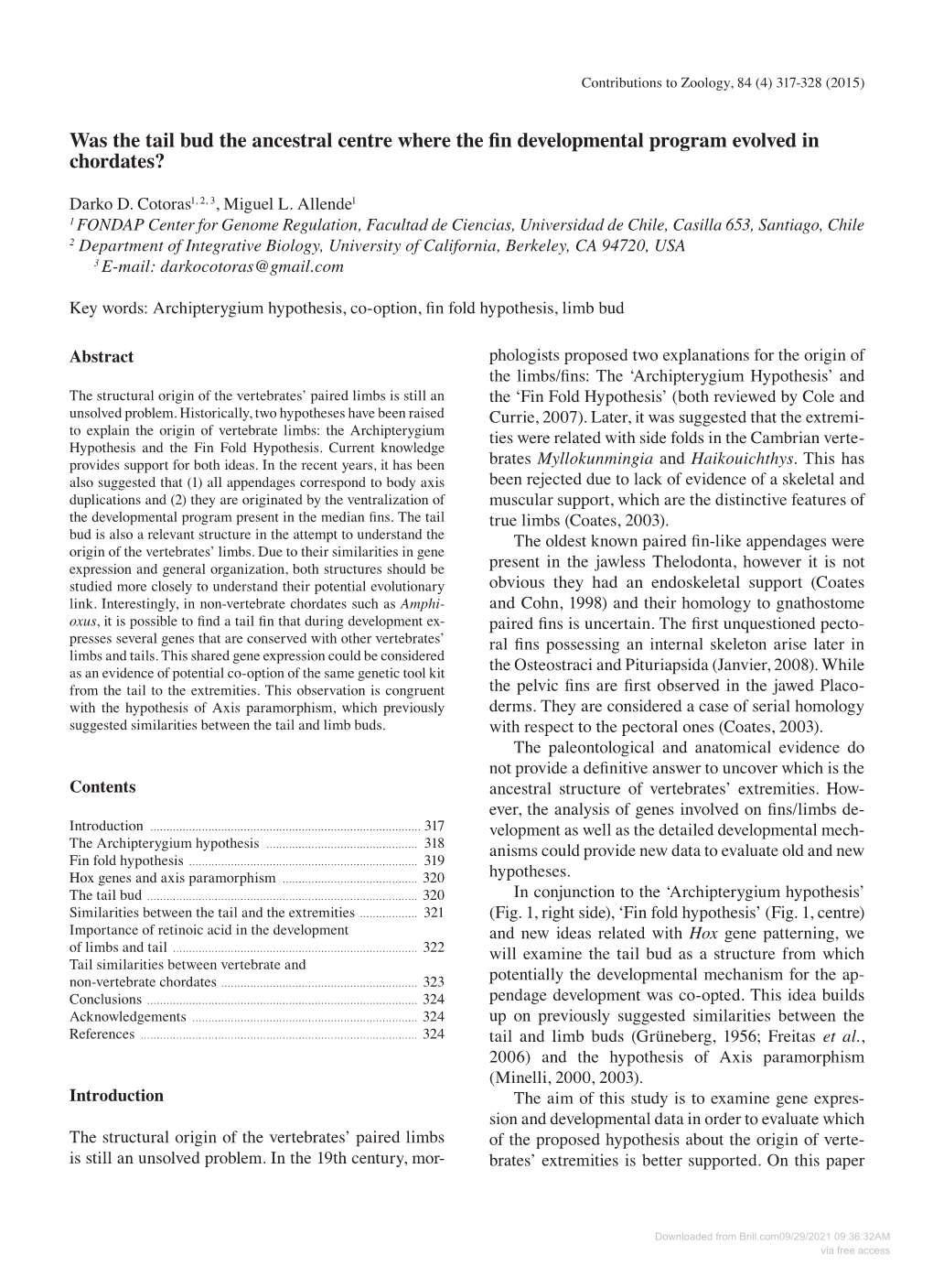 Downloaded from Brill.Com09/29/2021 09:36:32AM Via Free Access 318 Cotoras & Allende – Origin of Fin Developmental Program