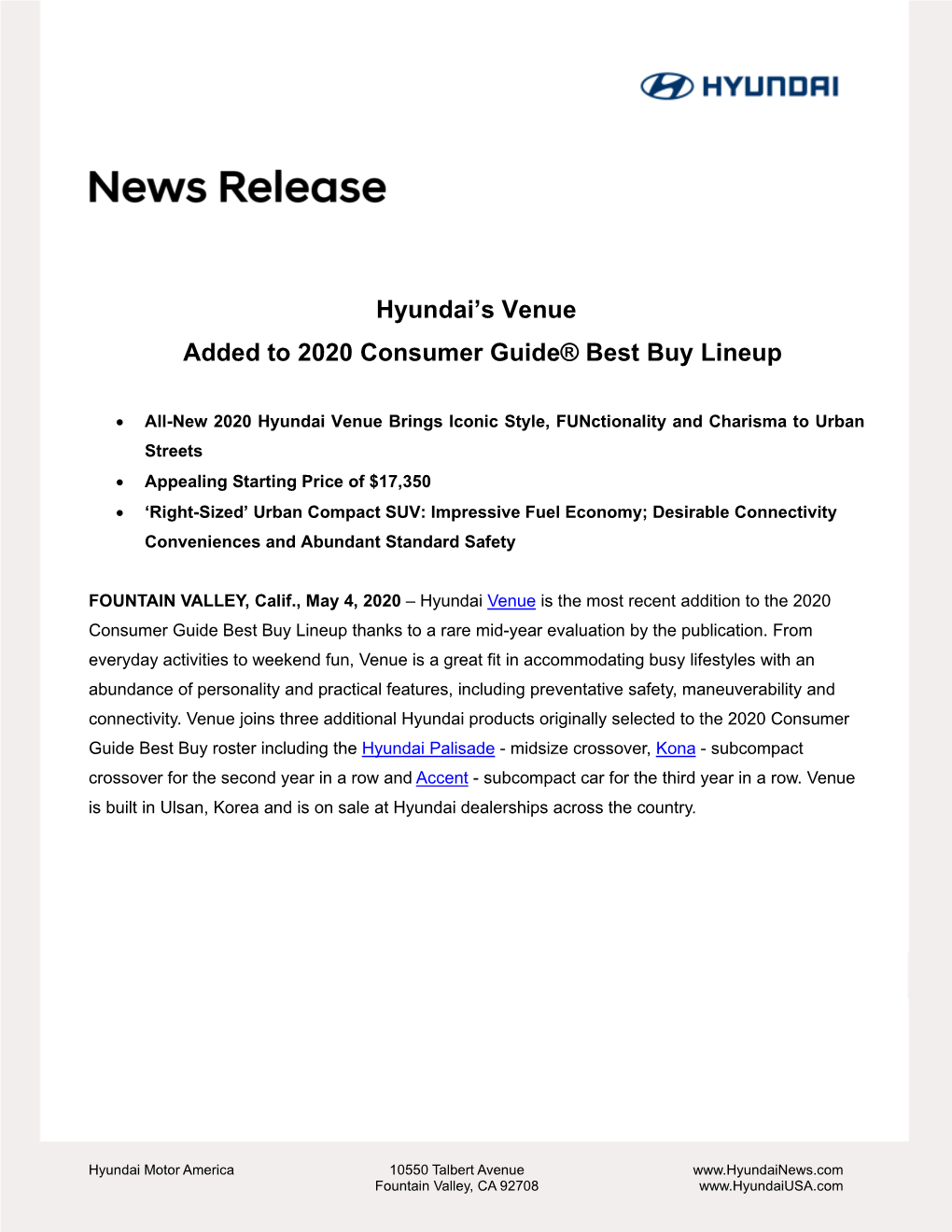 Hyundai's Venue Added to 2020 Consumer Guide® Best Buy Lineup