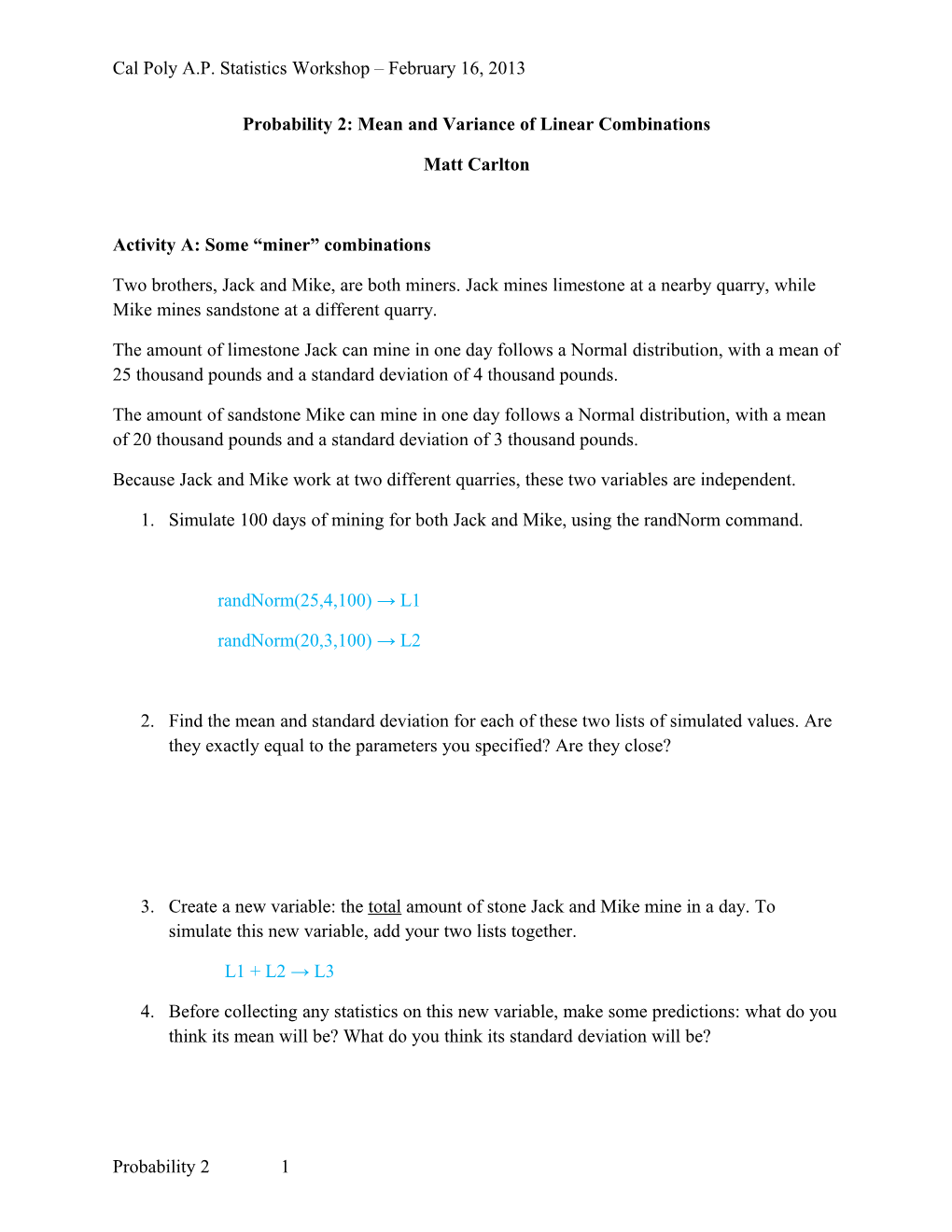 Probability 2: Mean and Variance of Linear Combinations