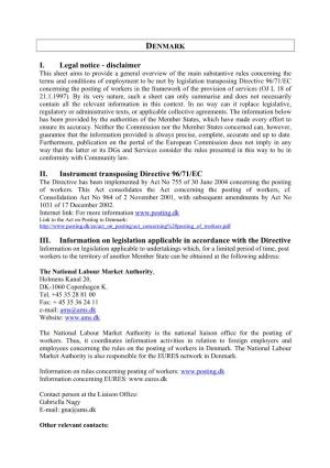 Disclaimer II. Instrument Transposing Directive 96/71/EC III. Information