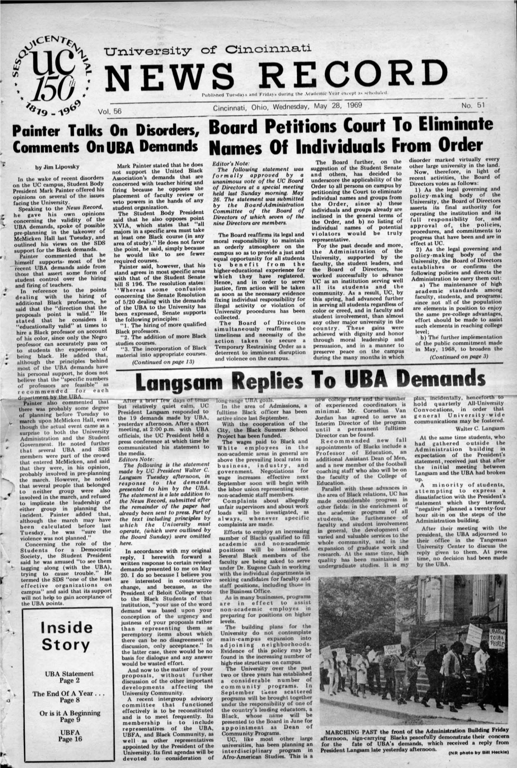 University of Cincinnati News Record. Wednesday, May 28, 1969. Vol. LVI
